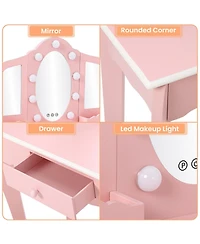 gaomon Kids Vanity with Lighted Mirror, Little Girls Table & Stool, Makeup Tri-Fold Drawer Storage Grid for 3-9 Yrs