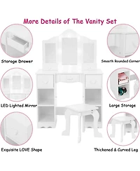 gaomon Kids Vanity Set, 2-in-1 Princess Makeup Table with Tri-Folding Mirror & Drawer, Stool, Toddler Vanity, Pretend Play Vanity Set for Kids