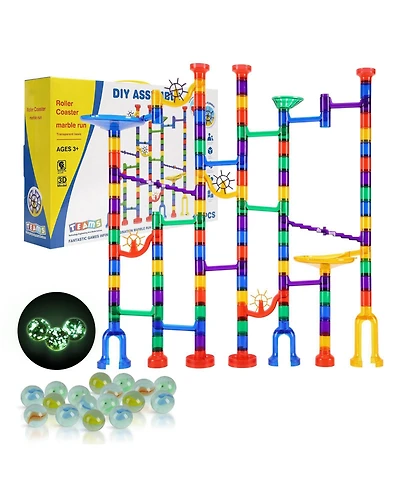 Mecale Marble Run Set, 145-Piece Stem Building Track with Glow-in-the-Dark and Glass Marbles for Kids Ages 3