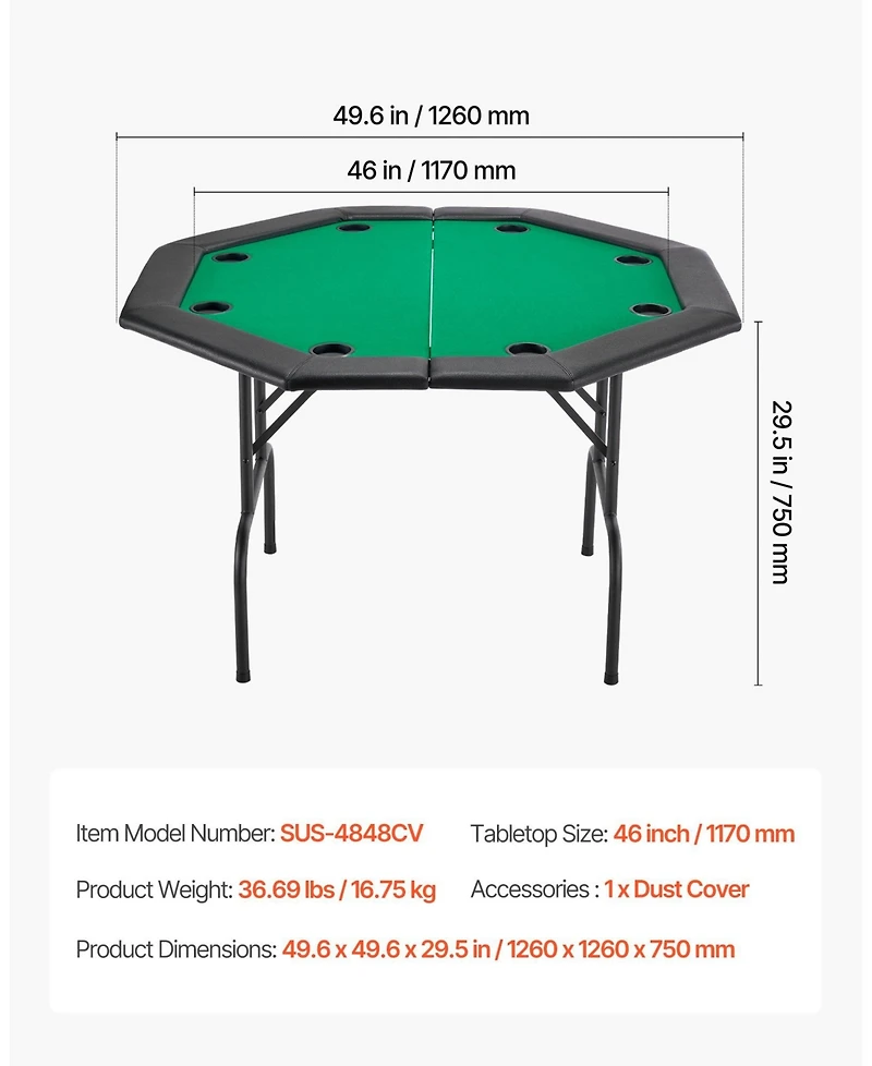 Mecale Foldable Poker Table, 48" Octagonal 8-Player Folding Casino Table with Padded Rails and Cup Holders
