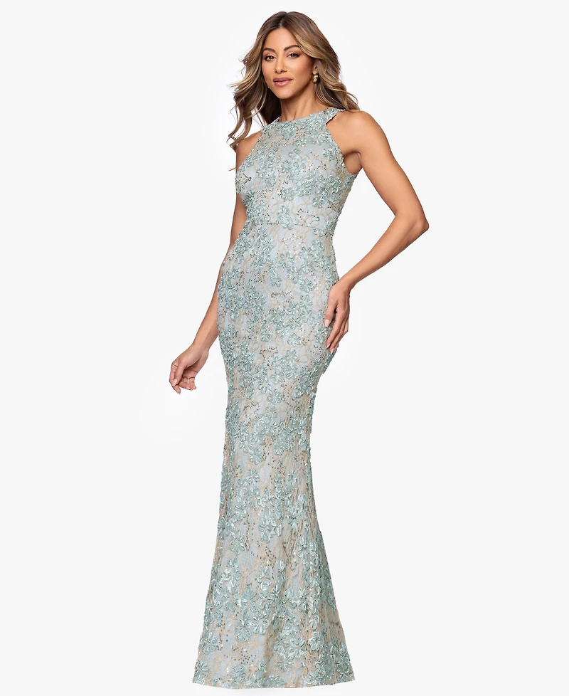 Xscape Petite High-Neck Sleeveless Lace Sheath Gown