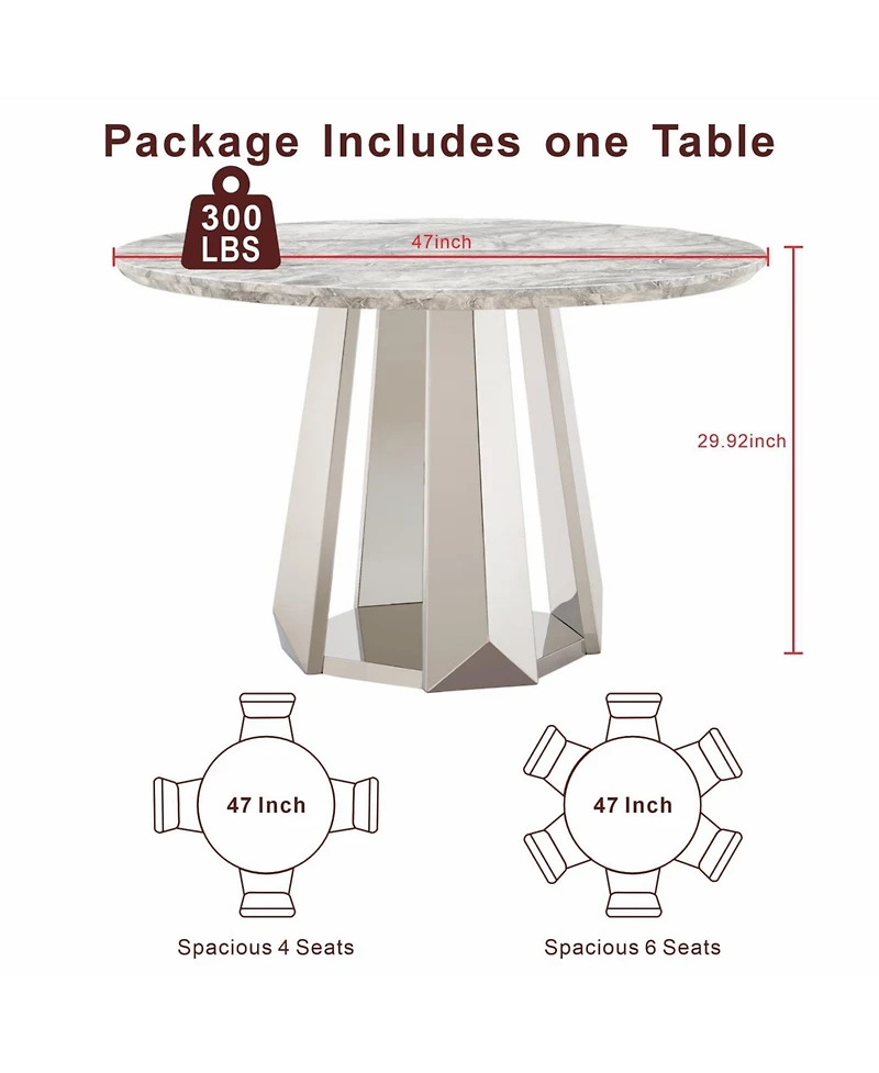 Streamdale Furniture 47" Round Marble Dining Table with Stainless Steel Base