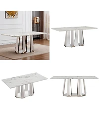 Streamdale Furniture Marble Dining Table for 6 People, 70" Faux Marble & Stainless Steel Base Silver, White