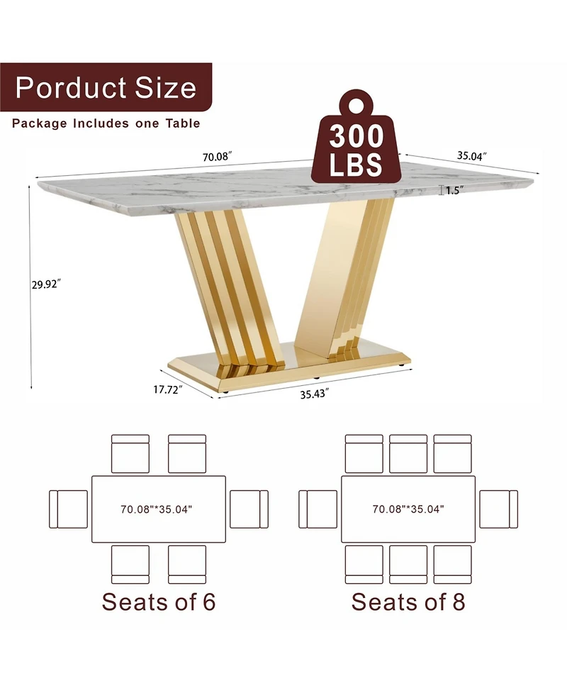 Streamdale Furniture 70" Rectangle Faux Marble w/Gold Stainless Steel Base Dining Table