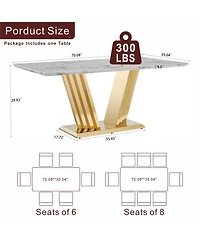 Streamdale Furniture 70" Rectangle Faux Marble w/Gold Stainless Steel Base Dining Table