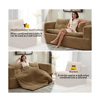 Streamdale Furniture Streamdale Convertible Corduroy Sectional Sofa Bed with Chaise & Blanket - Camel