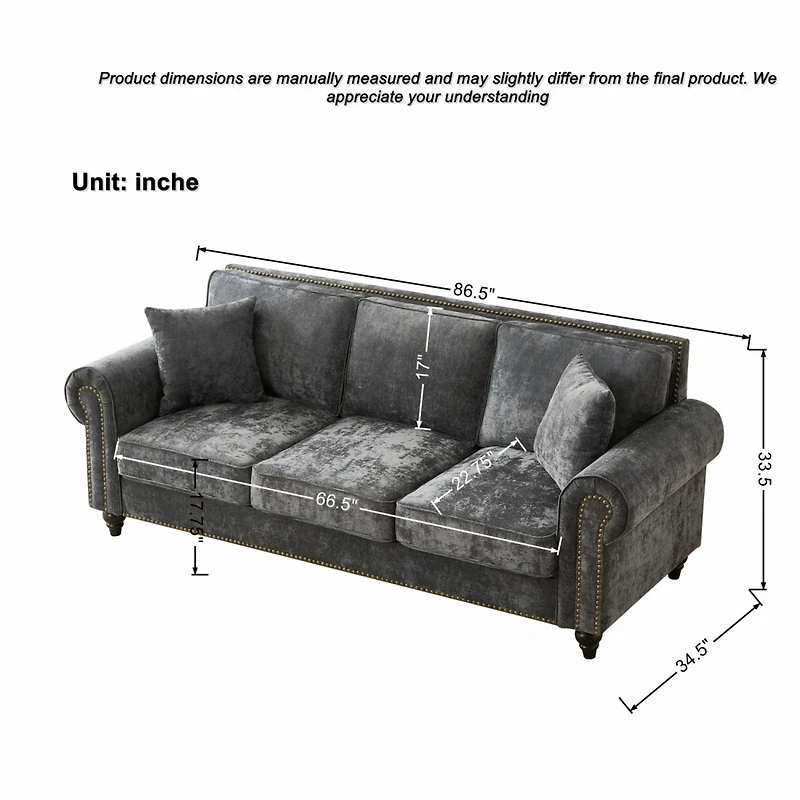 Streamdale Furniture Streamdale 86" Modern Chenille Sofa with Rolled Arms & Nailhead Trim