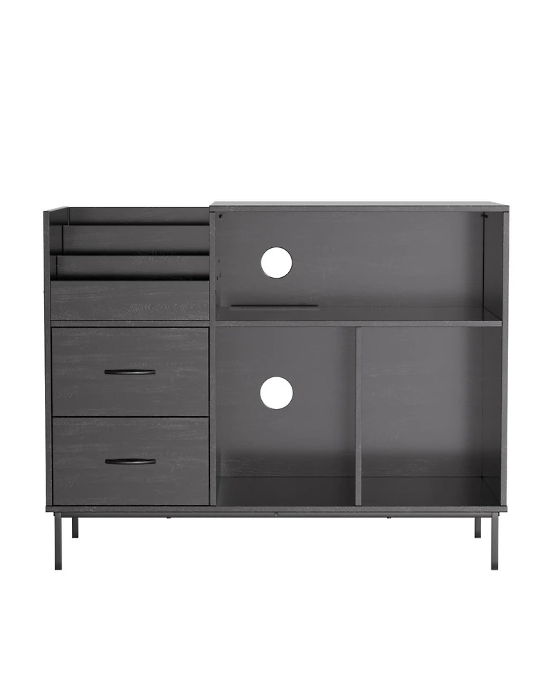 Streamdale Furniture Record Player Stand with Power Outlet, Flip-Down Lid, Storage, Black Wood Grain