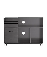 Streamdale Furniture Record Player Stand with Power Outlet, Flip-Down Lid, Storage, Black Wood Grain