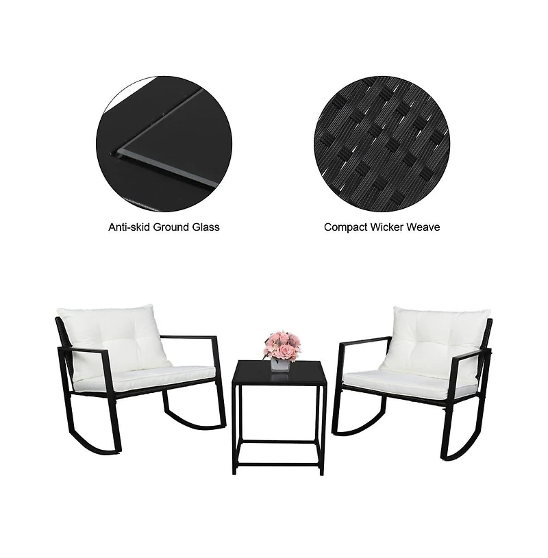 Gaomon 3-Piece Outdoor Rocking Bistro Set, Wicker Patio Furniture with Rocking Chairs & Glass Coffee Table for Porch or Garden