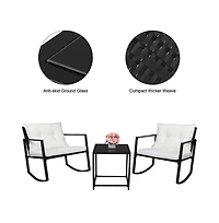 Gaomon 3-Piece Outdoor Rocking Bistro Set, Wicker Patio Furniture with Rocking Chairs & Glass Coffee Table for Porch or Garden