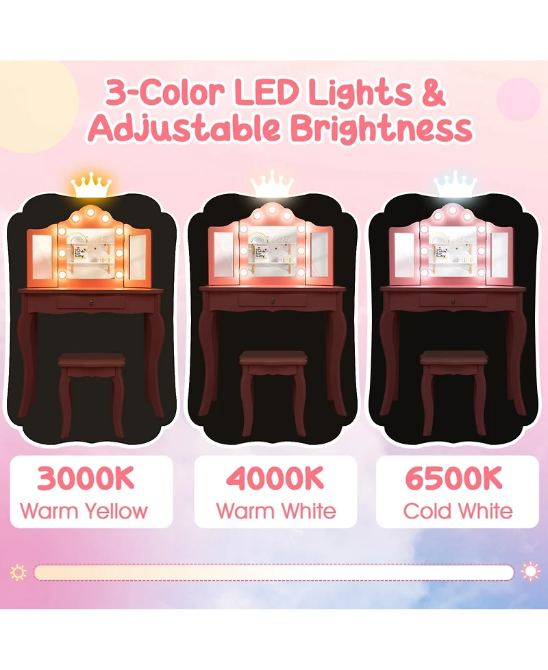 Costway Kid Vanity Table Stool Set Tri-Folding Mirror Adjustable 3-Color Led Light
