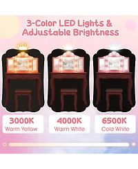 Costway Kid Vanity Table Stool Set Tri-Folding Mirror Adjustable 3-Color Led Light