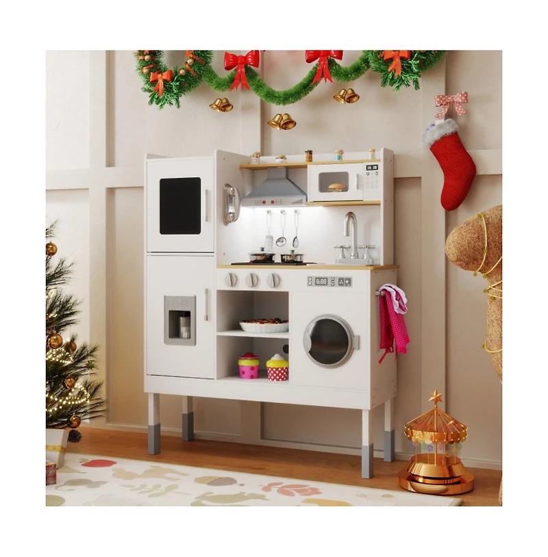 Hongge Kids Adjustable Height Wooden Play Kitchen Set with Accessories and Storage