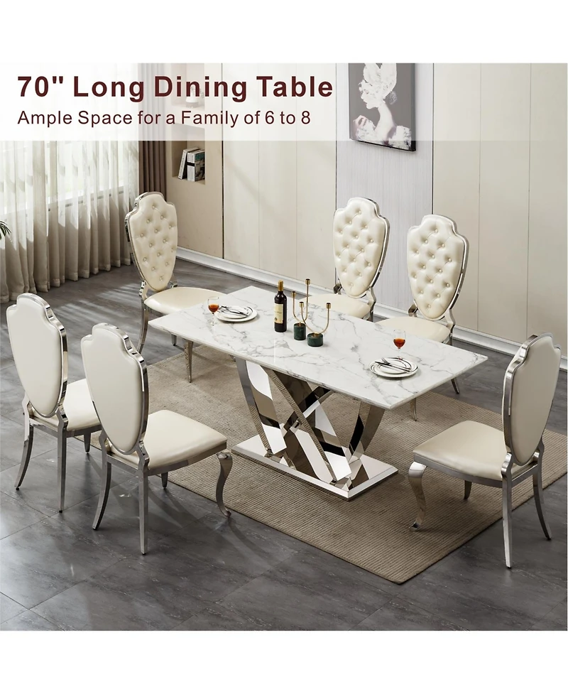 Streamdale Furniture Marble Dining Table for 6, 70" Rectangle Faux Marble Table with Stainless Steel Base.