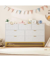 gaomon Modern 7 Drawer Dresser, Wide Chest with Gold Metal Legs & Handles, Wood Storage Organizer for Bedroom, Living Room, Hallway