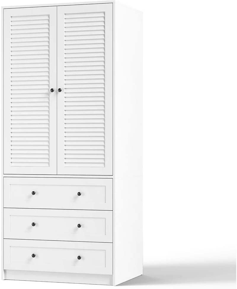 gaomon Modern Armoire Wardrobe Closet with 3 Drawers & 2 Doors, Tall Standing Wooden Cabinet for Hanging Clothes, Heavy Duty Storage