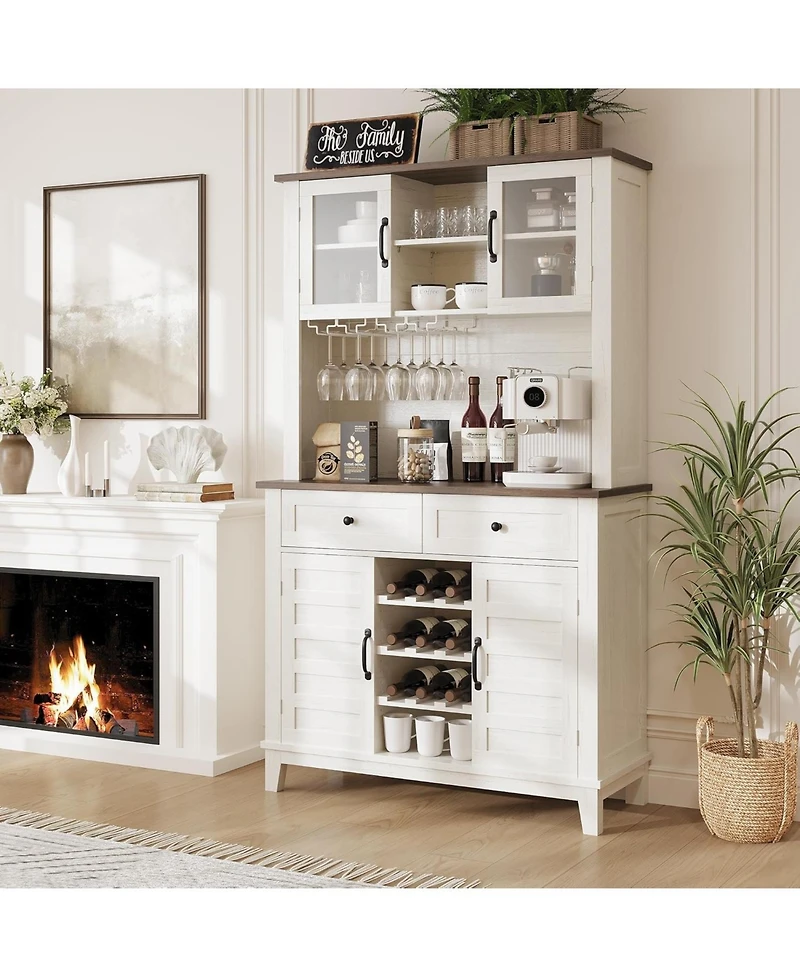 gaomon 72" Farmhouse Coffee Bar Cabinet with 4 Doors, 2 Drawers, Wine Rack & Glass Holder, Kitchen Storage Buffet