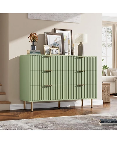 gaomon Fluted 6 Drawer Dresser, Modern Wide Chest with Deep Drawers, Wooden Storage Organizer for Living Room, Hallway, Kids Room