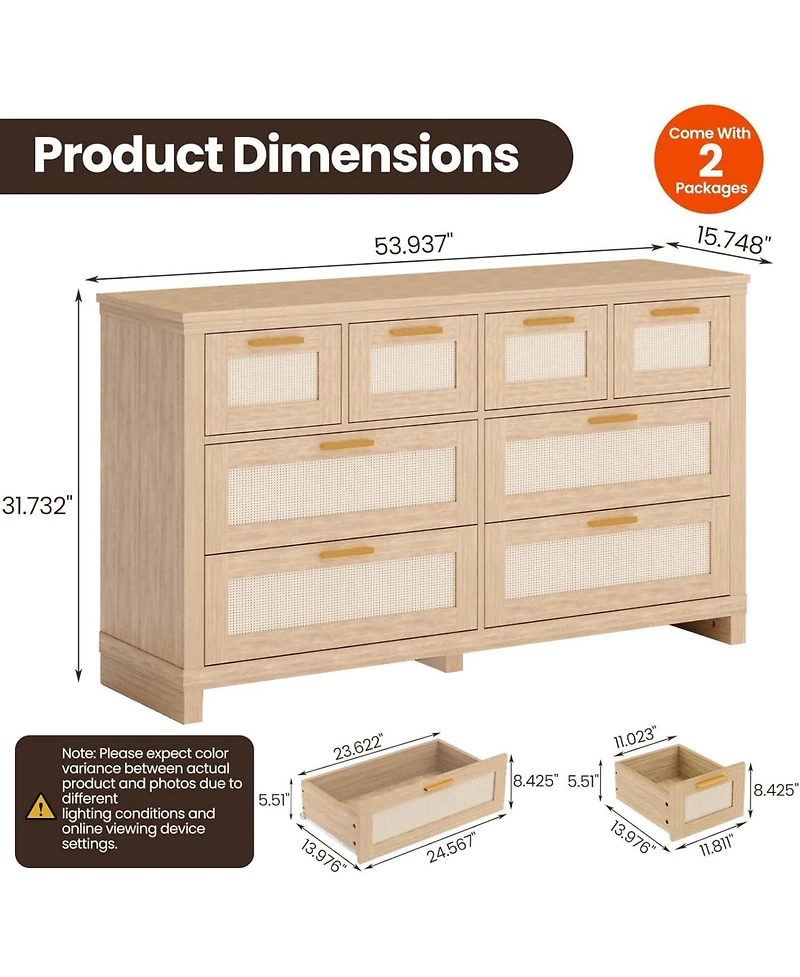 gaomon 8-Drawers Rattan Dresser for Bedroom, Wooden Dresser Chest of Drawers
