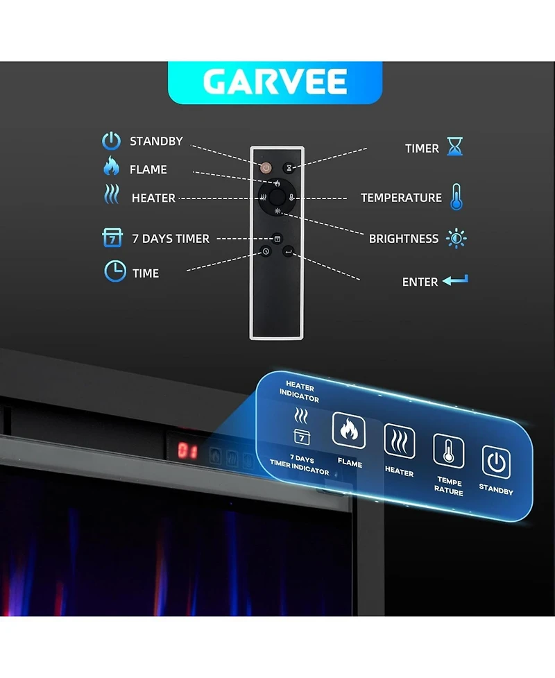 Gaomon 60" Wall Mounted/Recessed Electric Fireplace, 12 Flame Colors, Timer, Remote Control, 750/1500W, Log & Crystal