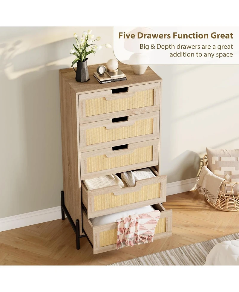 Gaomon 5-Drawer Rattan & Wood Farmhouse Cabinet with Metal Legs – Modern Dresser