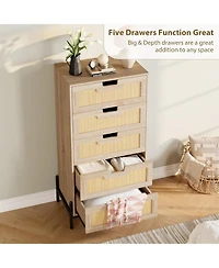 Gaomon 5-Drawer Rattan & Wood Farmhouse Cabinet with Metal Legs – Modern Dresser