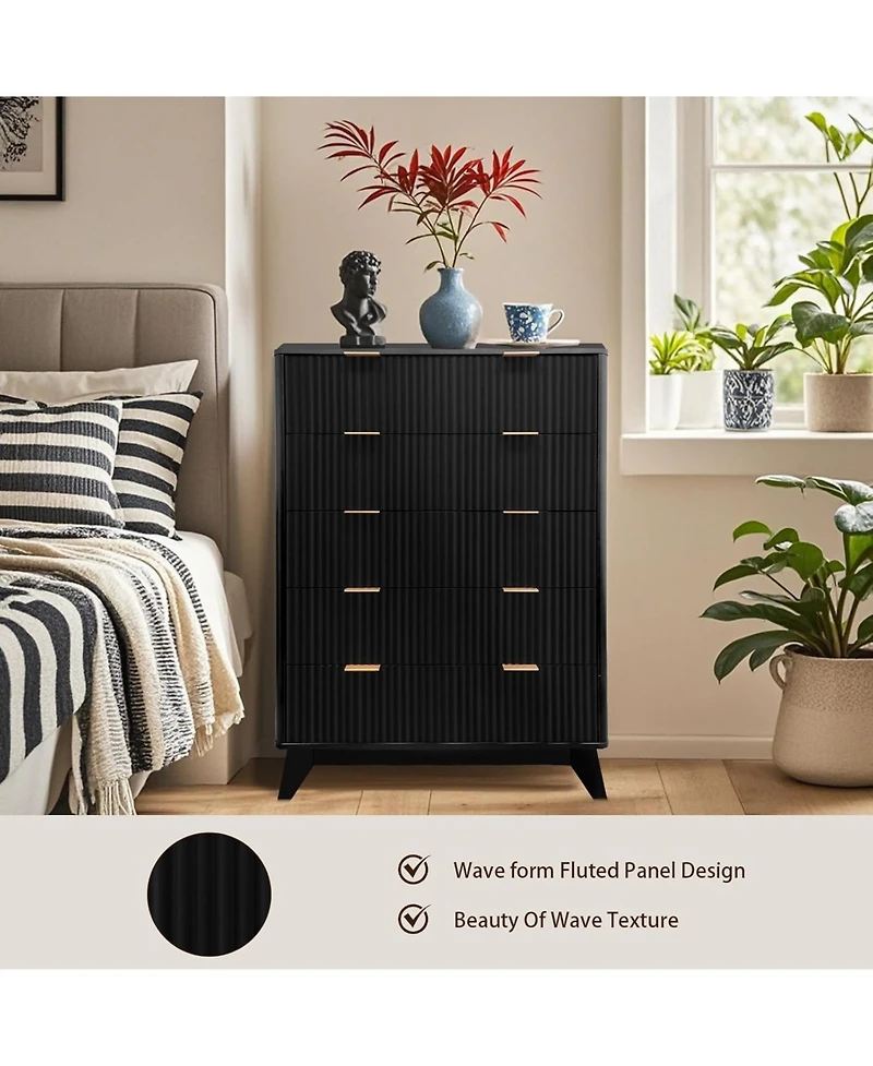 Gaomon 48" Tall Black 5-Drawer Fluted Dresser, Mid-Century Modern Storage Chest for Bedroom, Hallway & Living Room