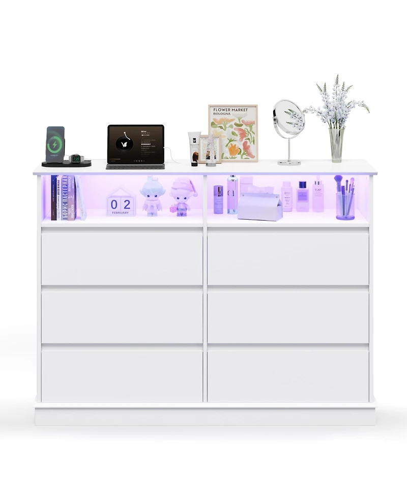 Gaomon Dresser for Bedroom with 6 Drawers, Modern Chest Featuring Led Lights and Charging Station, Spacious Storage Cabinet
