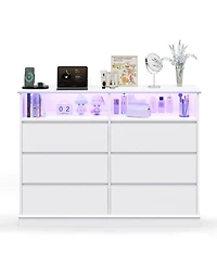 Gaomon Dresser for Bedroom with 6 Drawers, Modern Chest Featuring Led Lights and Charging Station, Spacious Storage Cabinet