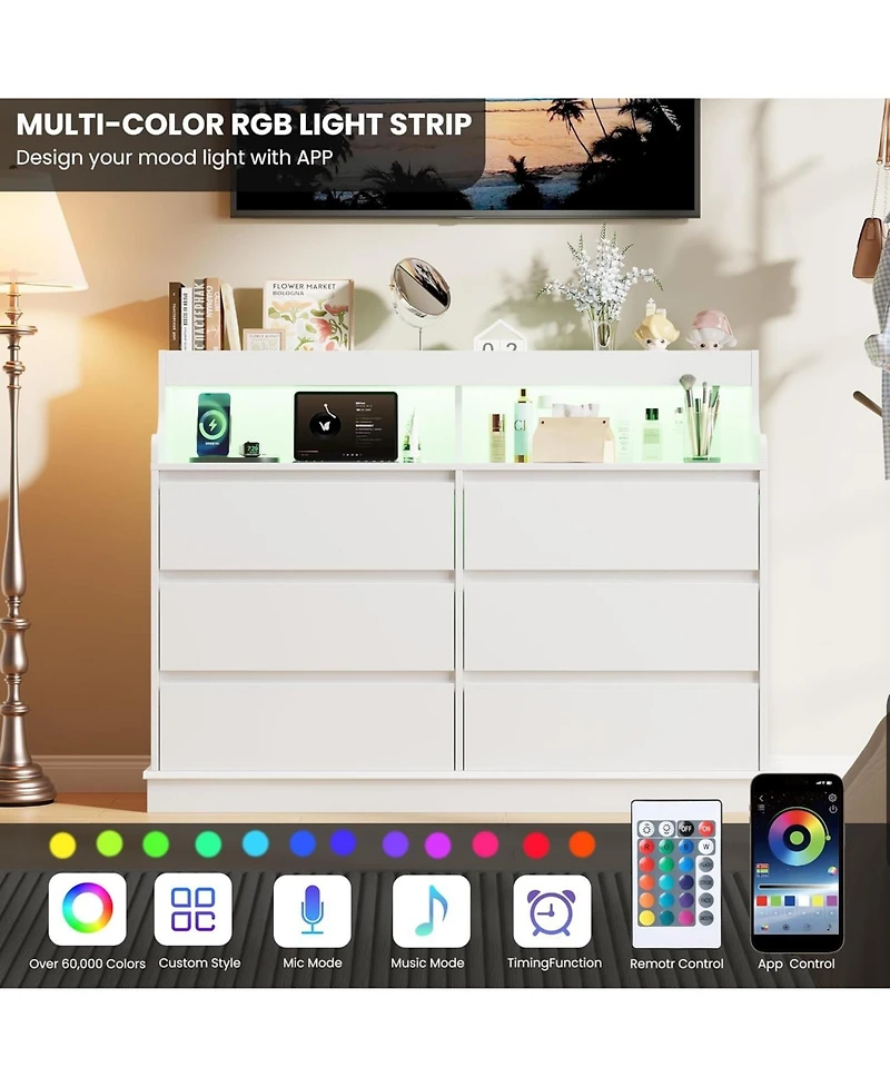 Dresser for Bedroom with 6 Drawers, Modern Chest Featuring Led Lights and Charging Station