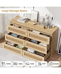 gaomon Rattan 6-Drawer Bedroom Dresser, Wide Wood Chest with Smooth Slide Rails and Anti-Tip Kit