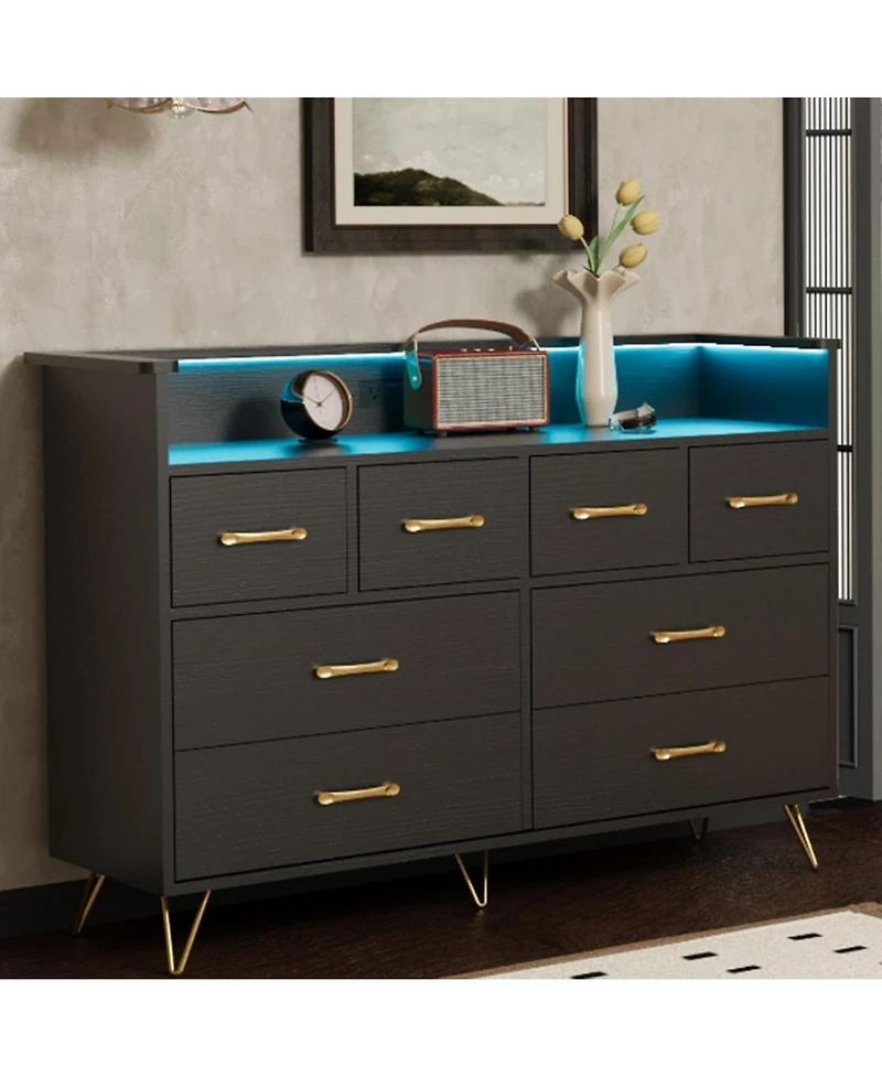gaomon 8-Drawer Dresser Tv Stand, Led Lighting & Charging Station, Wide Entertainment Center with Open Storage for Bedroom Living Room