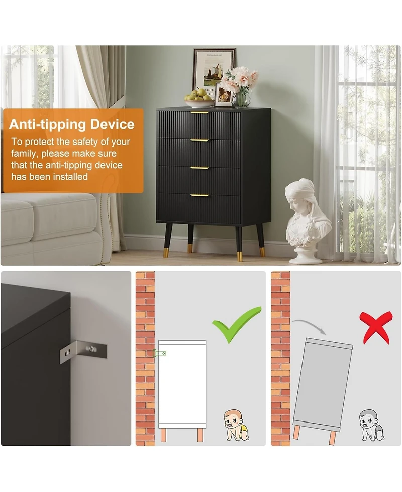 gaomon Modern 4-Drawer Bedroom Dresser, Compact Fluted Storage Chest Organizer with Wood Frame, Small Nightstand for or Living Room