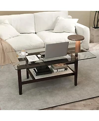 Gymax 2-Tier Glass Coffee Table w/ Storage Shelf Solid Rubber Wood Legs for Office