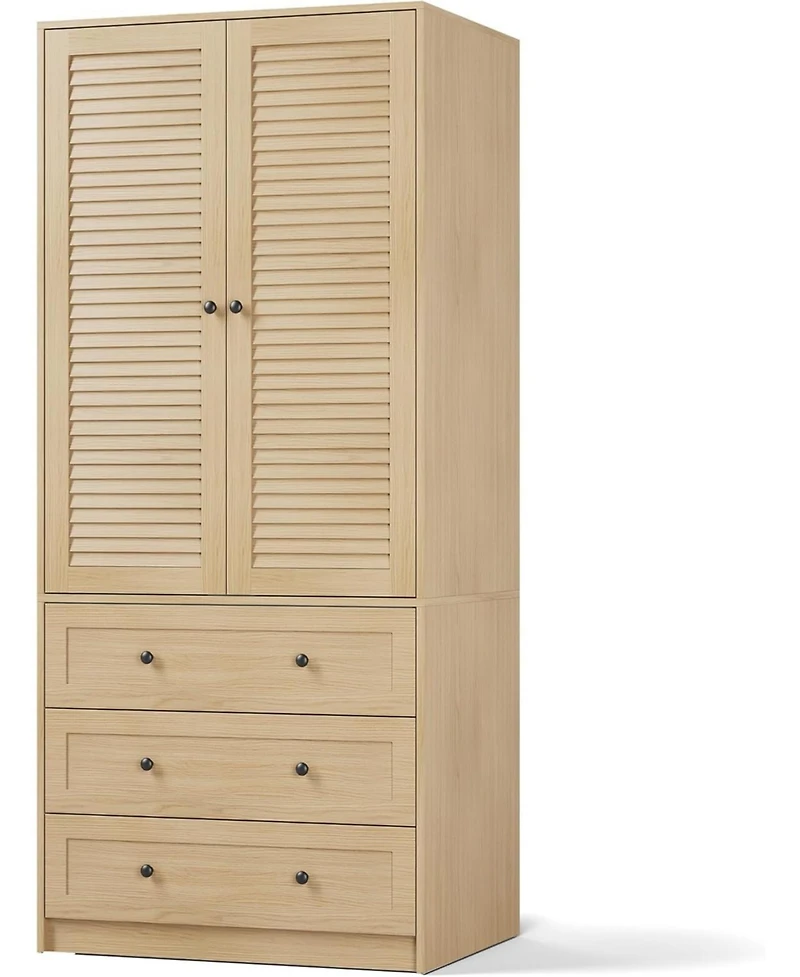 gaomon Modern Armoire Wardrobe Closet with 3 Drawers & 2 Doors, Tall Standing Wooden Cabinet for Hanging Clothes, Heavy Duty Storage