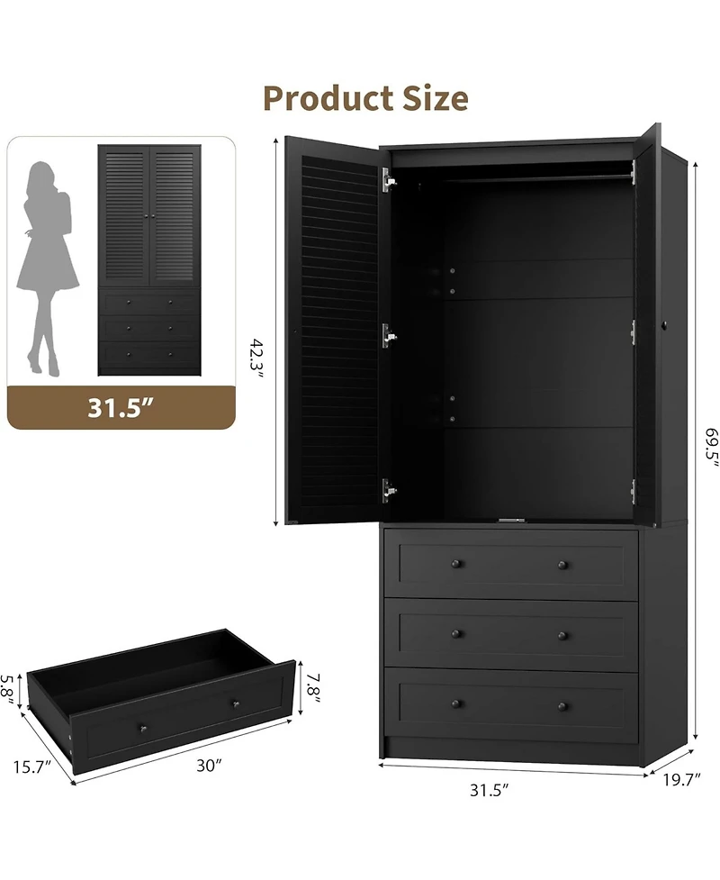 gaomon Modern Armoire Wardrobe Closet with 3 Drawers & 2 Doors, Tall Standing Wooden Cabinet for Hanging Clothes, Heavy Duty Storage