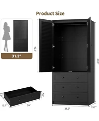 gaomon Modern Armoire Wardrobe Closet with 3 Drawers & 2 Doors, Tall Standing Wooden Cabinet for Hanging Clothes, Heavy Duty Storage