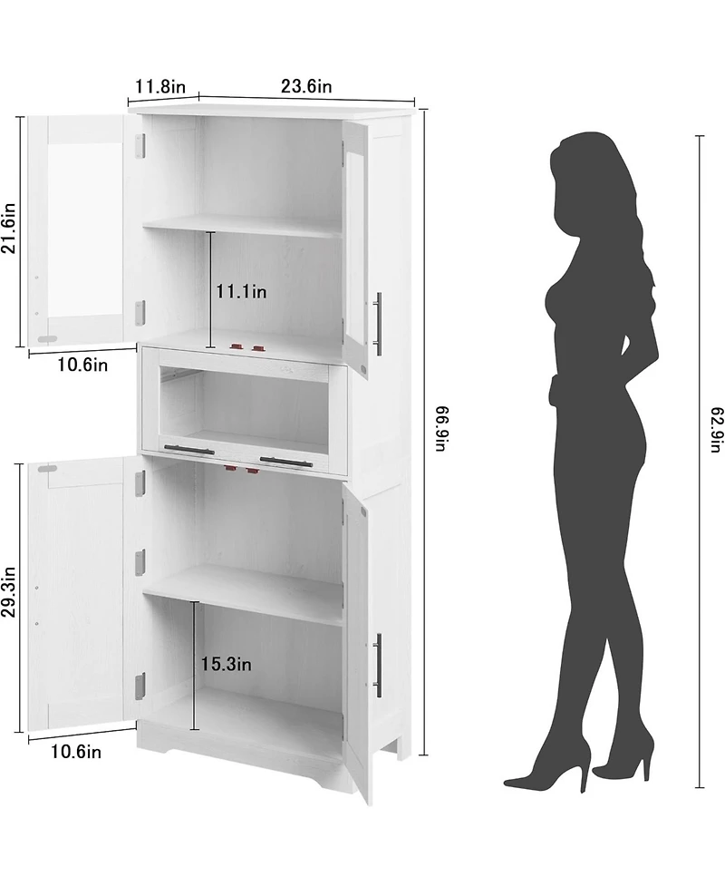 Gaomon 67" Tall Bathroom Storage Cabinet with Glass Doors, Adjustable Shelf & Drawer, Freestanding Pantry Cupboard for Small Spaces