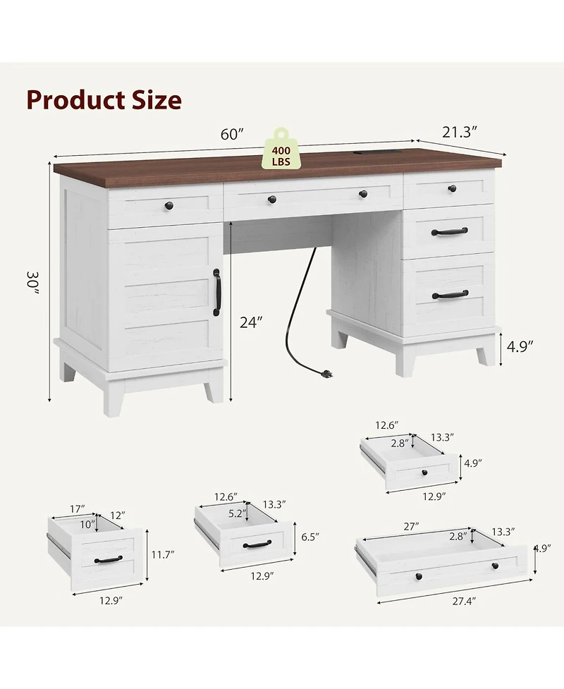 Gaomon 60" Farmhouse Executive Desk with File Drawers, Charging Station, Cabinet Storage, Home Office Computer Writing Desk
