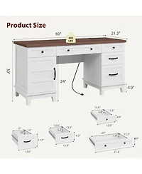Gaomon 60" Farmhouse Executive Desk with File Drawers, Charging Station, Cabinet Storage, Home Office Computer Writing Desk