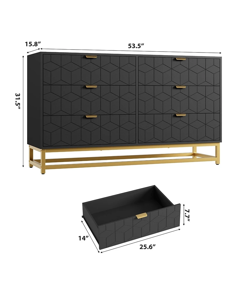 gaomon 53.5" 6-Drawer Dresser for Bedroom, Wide Modern Storage Chest with Metal Legs, Organizer Cabinet Entryway or Living Room