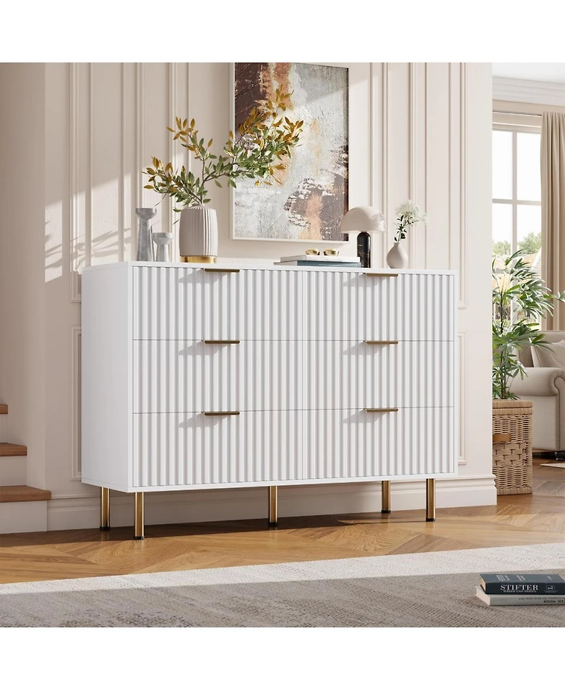 gaomon Fluted 6 Drawer Dresser, Modern Wide Chest with Deep Drawers, Wooden Storage Organizer for Living Room, Hallway, Kids Room