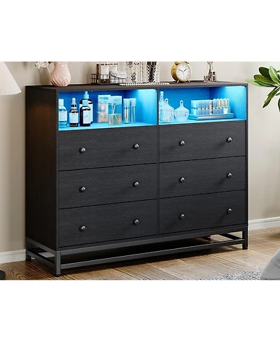 gaomon Large-Capacity 6-Drawer Wood Storage Cabinet with Led Lights, Modern Dresser