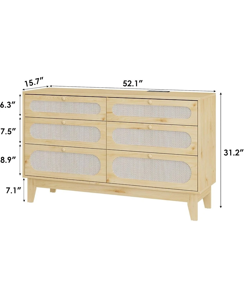 Gaomon Coffee Brown Rattan 6-Drawer Dresser, Oak Storage Cabinet for Bedroom, Entryway, Closet & Living Room