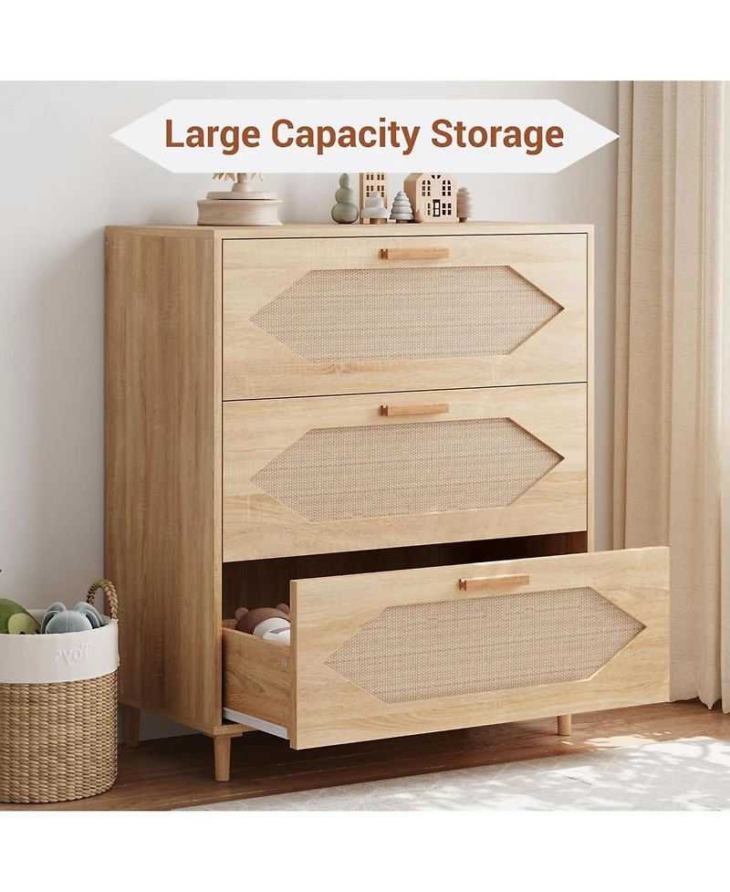 gaomon 3 Drawer Rattan Dresser for Bedroom, Rattan Modern Dresser Wood Chest of Drawers, Wooden Storage Cabinets for Bedrooms