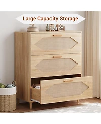 gaomon 3 Drawer Rattan Dresser for Bedroom, Rattan Modern Dresser Wood Chest of Drawers, Wooden Storage Cabinets for Bedrooms