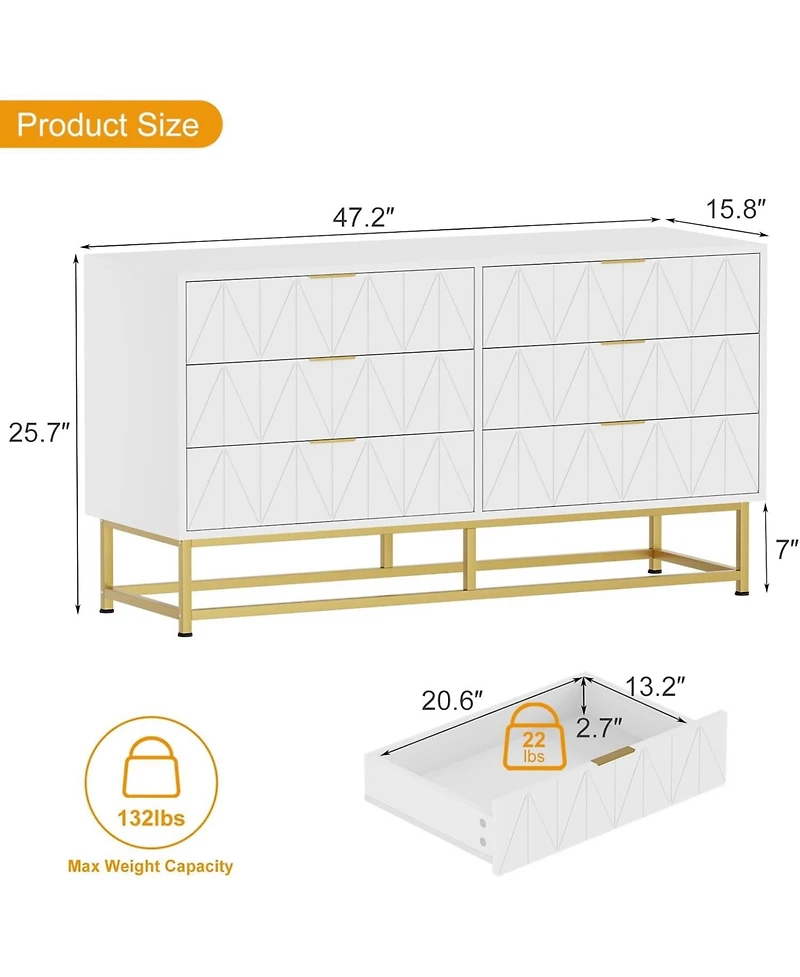 gaomon 6 Drawer Dresser for Bedroom with Metal Legs, Storage Chest Cabinet Organizer Living Room,Hallway,Entryway
