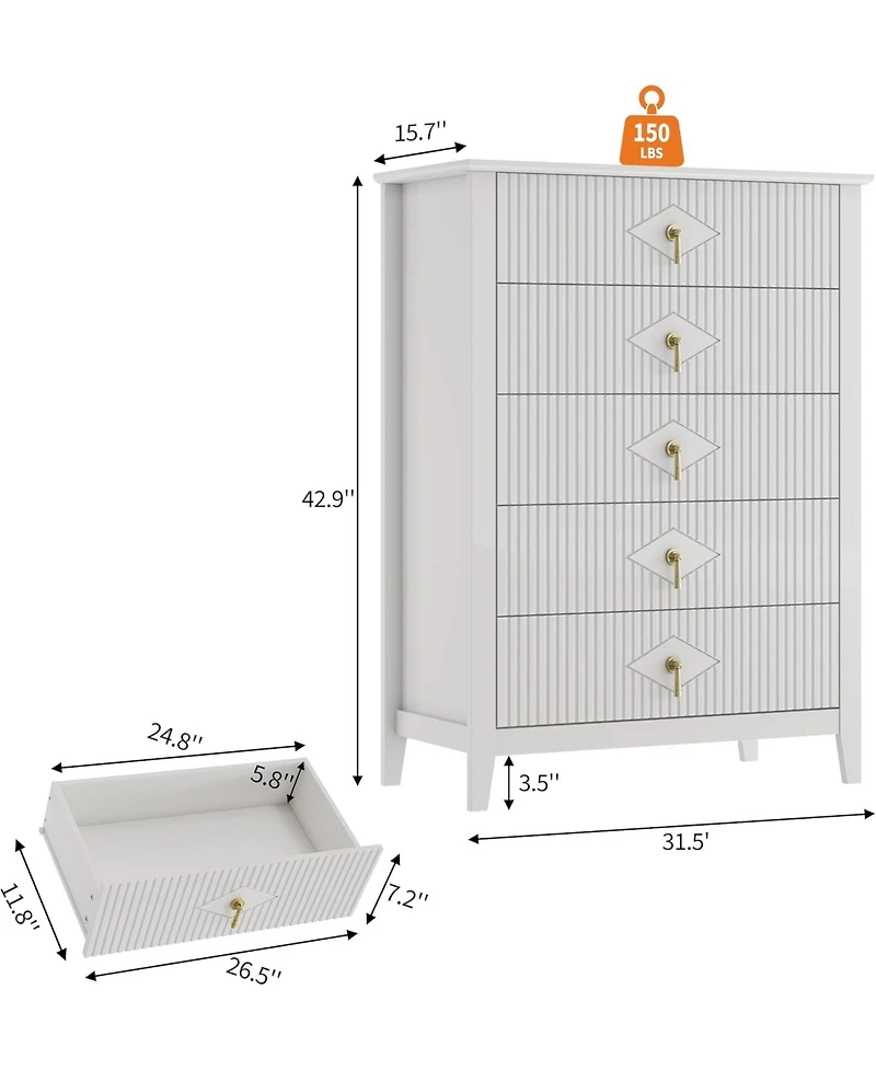 gaomon Fluted Dresser for Bedroom 43" Tall, 5-Drawer Modern Wood Chest, Space-Saving Storage Cabinet Living Room, Hallway, or Entryway