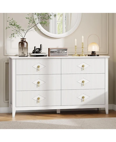 gaomon 54" Wide Fluted 6-Drawer Modern Wood Dresser for Bedroom with Large Storage Organizer Cabinet